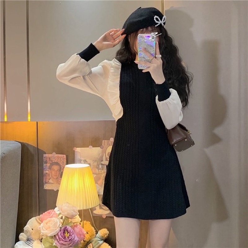 Váy len phối tay voan trắng ulzzang