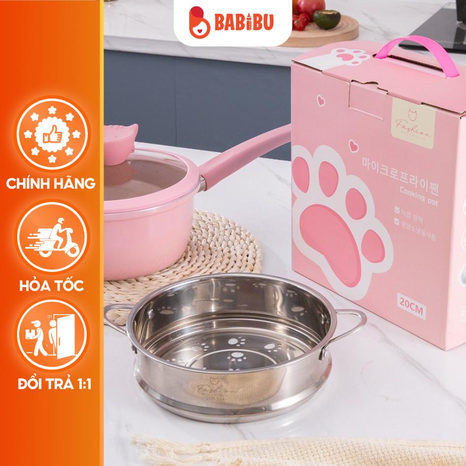 [ BẢO HÀNH 12 THÁNG ] Bộ Nồi Chảo Fashion Hình Mèo Kèm Xửng Hấp Inox Cho Bé Babi