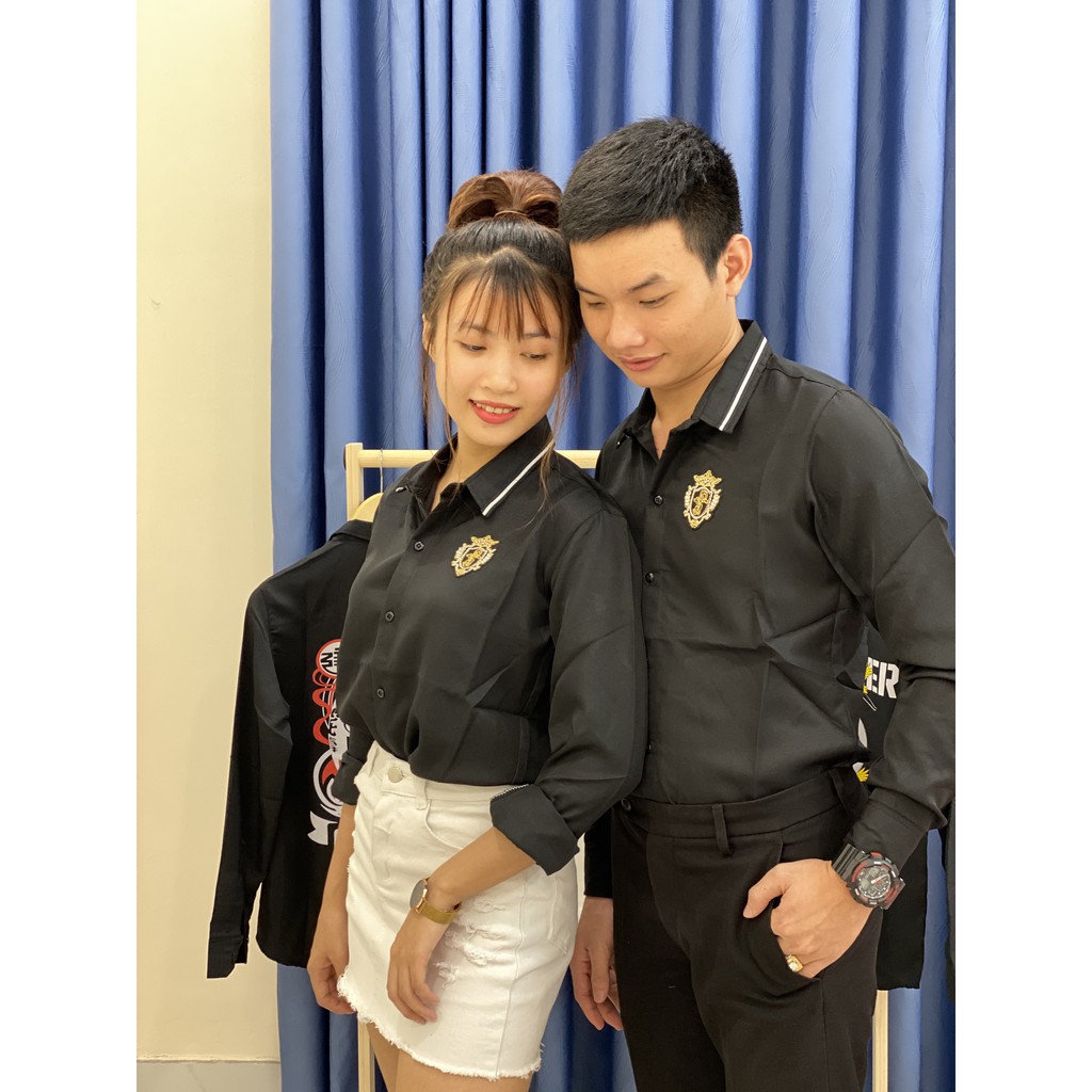 Áo Sơ Mi Nam Nữ cặp đôi dài tay trắng đen thêu logo vải kate lụa | BigBuy360 - bigbuy360.vn