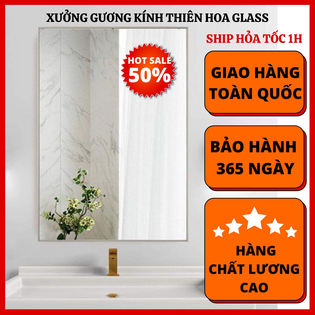 Gương nhà tắm kèm miếng pas giữ gương hình chữ nhật nhiều kích thước gương tráng bạc gương nội thất