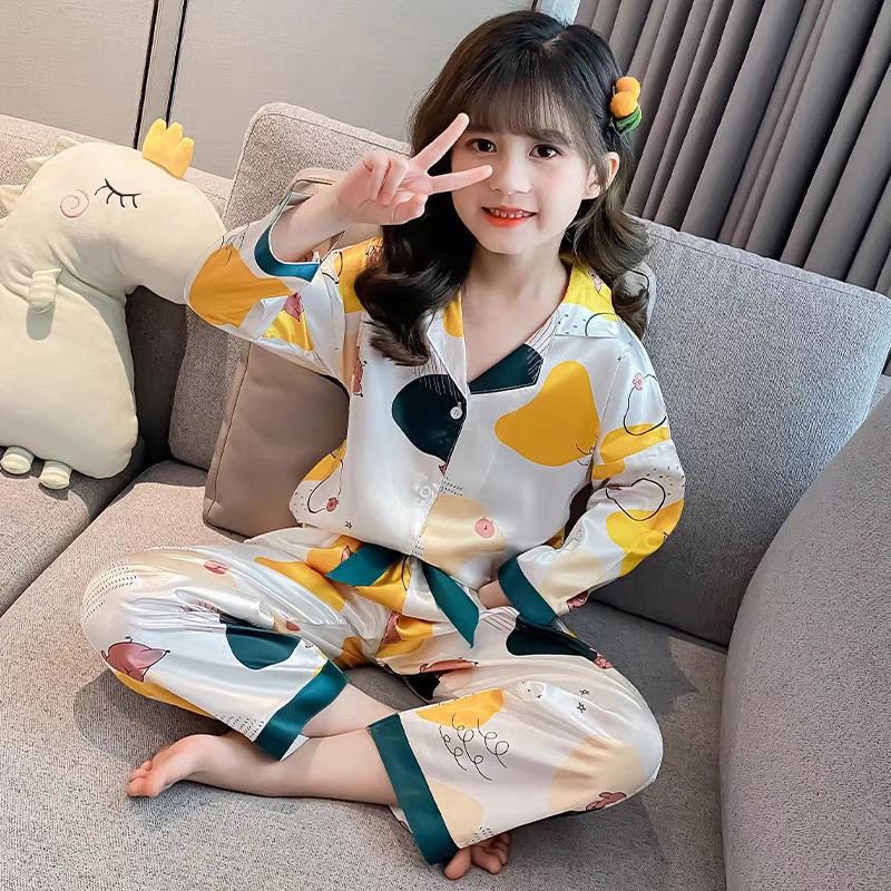 Bộ đồ ngủ pijama bé gái set quần áo trẻ em mặc nhà lụa satin nhiều màu dài - ảnh sản phẩm 1