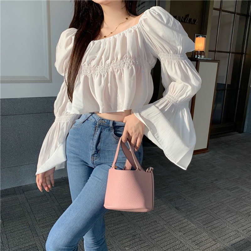 Áo kiểu COZOKC dài tay trễ vai phối bèo thời trang quyến rũ cho nữ