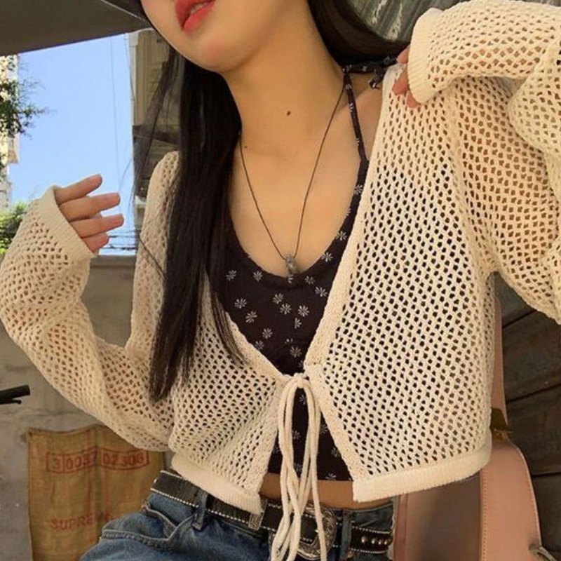 Áo Lưới Tay Dài Cổ V Đan Dây Quyến Rũ Dành Cho Nữ
