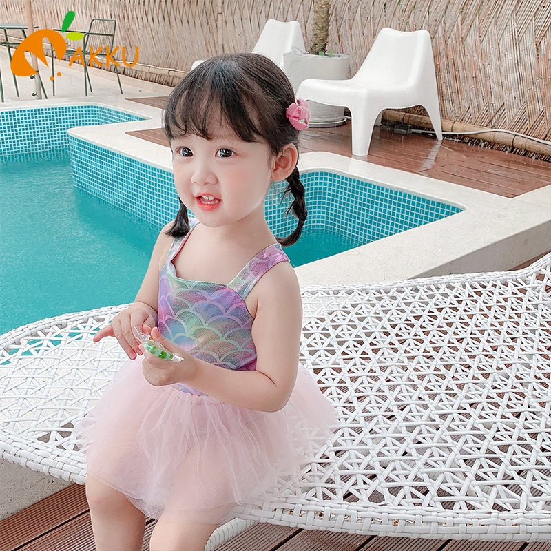 Bộ Đồ Bơi In Họa Tiết Nàng Tiên Cá Màu Cầu Vồng Dễ Thương Phong Cách Hàn Quốc Cho Bé Gái