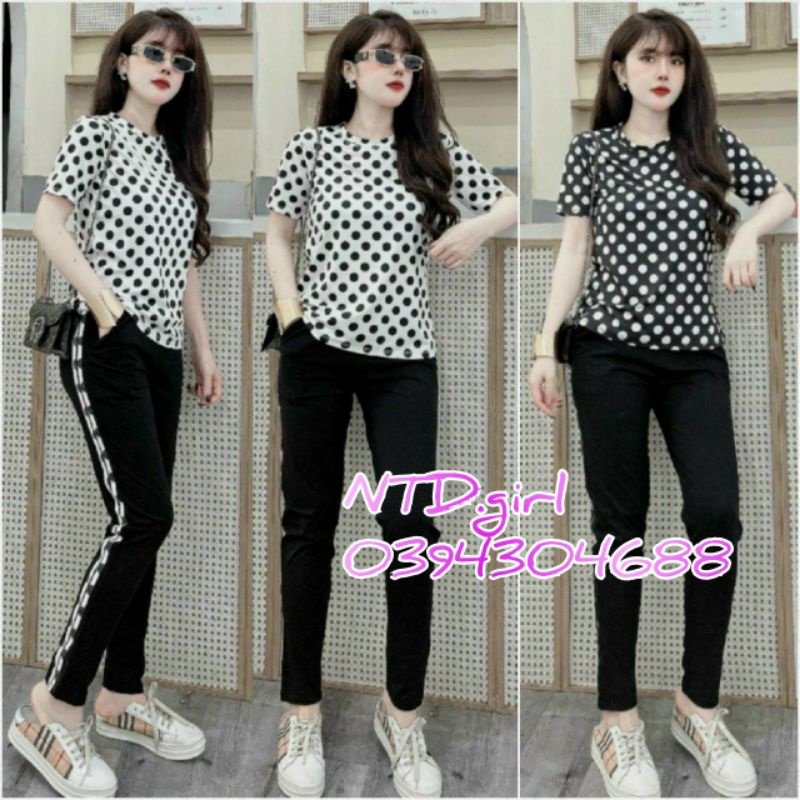 Set bộ thun cotton nữ chấm bi viền sọc thể thao, sét quần áo thời trang tay ngắn - HTR