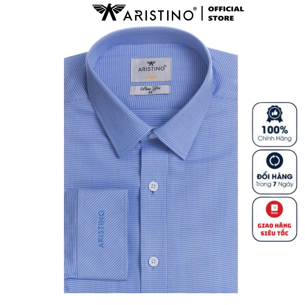 Áo Sơ Mi Nam Dài Tay ARISTINO ALS57508 Somi Công Sở Cao Cấp Màu Xanh Biển Dệt Ô Chéo Chất Liệu Sợi Tre Dáng Ôm Không Túi