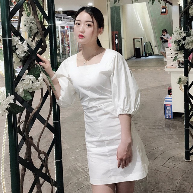 Váy ngắn trắng đầm trắng cổ vuông vải mát tay lỡ xinh xắn cho mùa hè