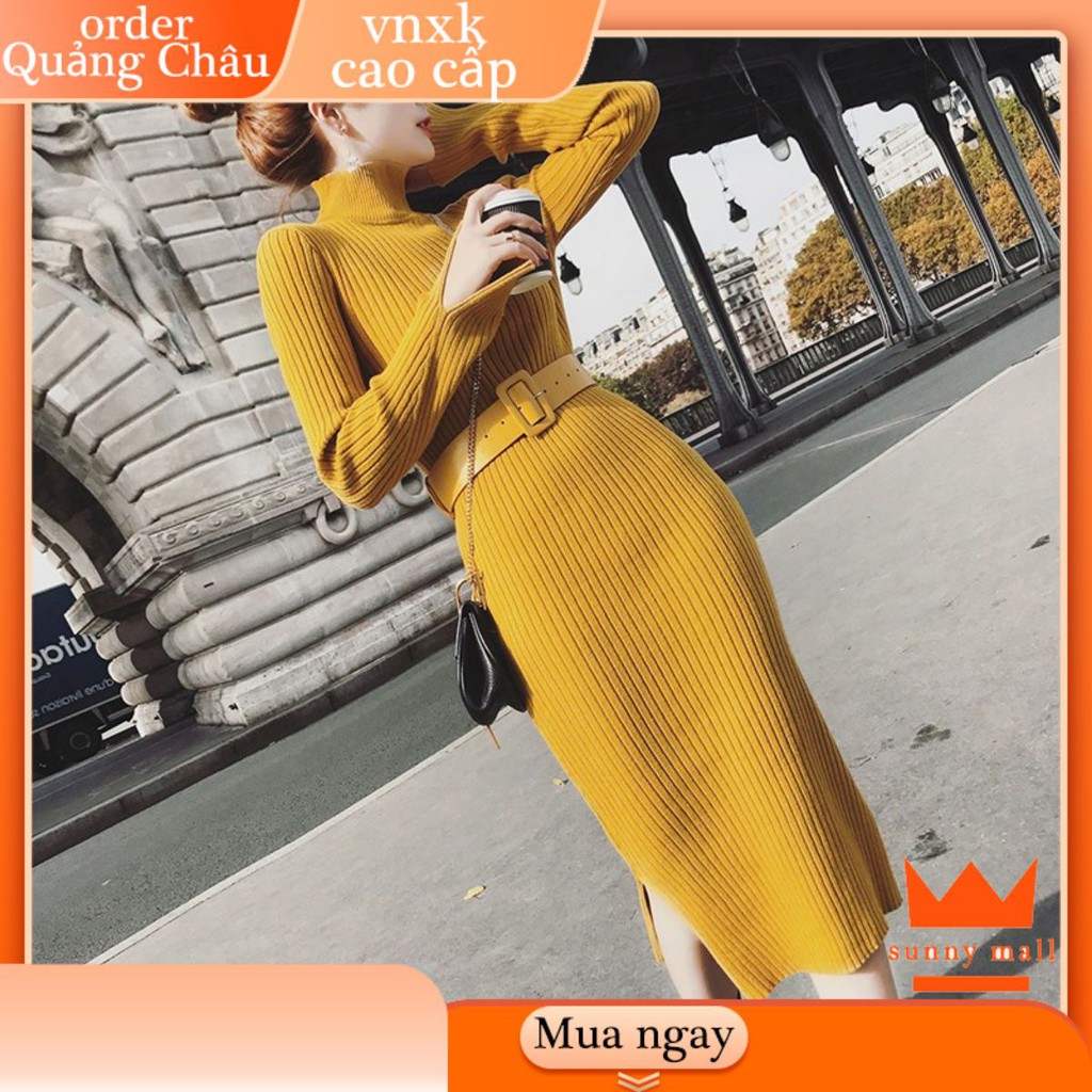 Đầm váy len dài ôm body xẻ tà bigsize màu vàng đen nâu mùa đông ấm cao cấp giá rẻ đẹp