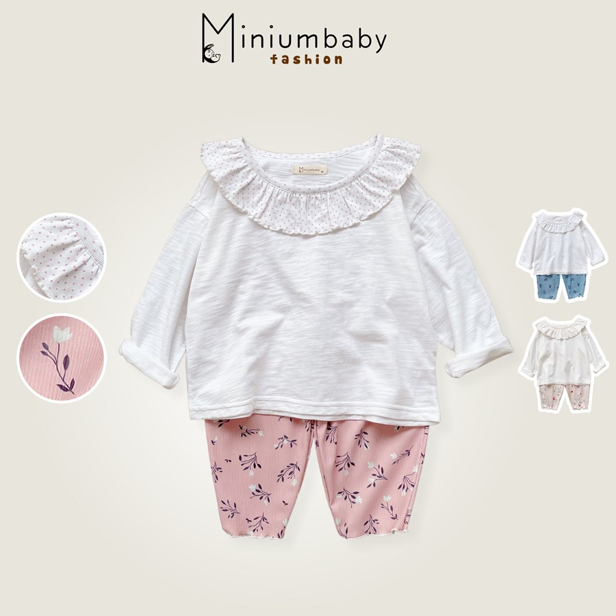 Bộ đồ dài tay cổ bèo quần dài in hoa thu đông cho bé gái chất liệu 100% cotton, quần áo trẻ em MiniumBaby-SB1280