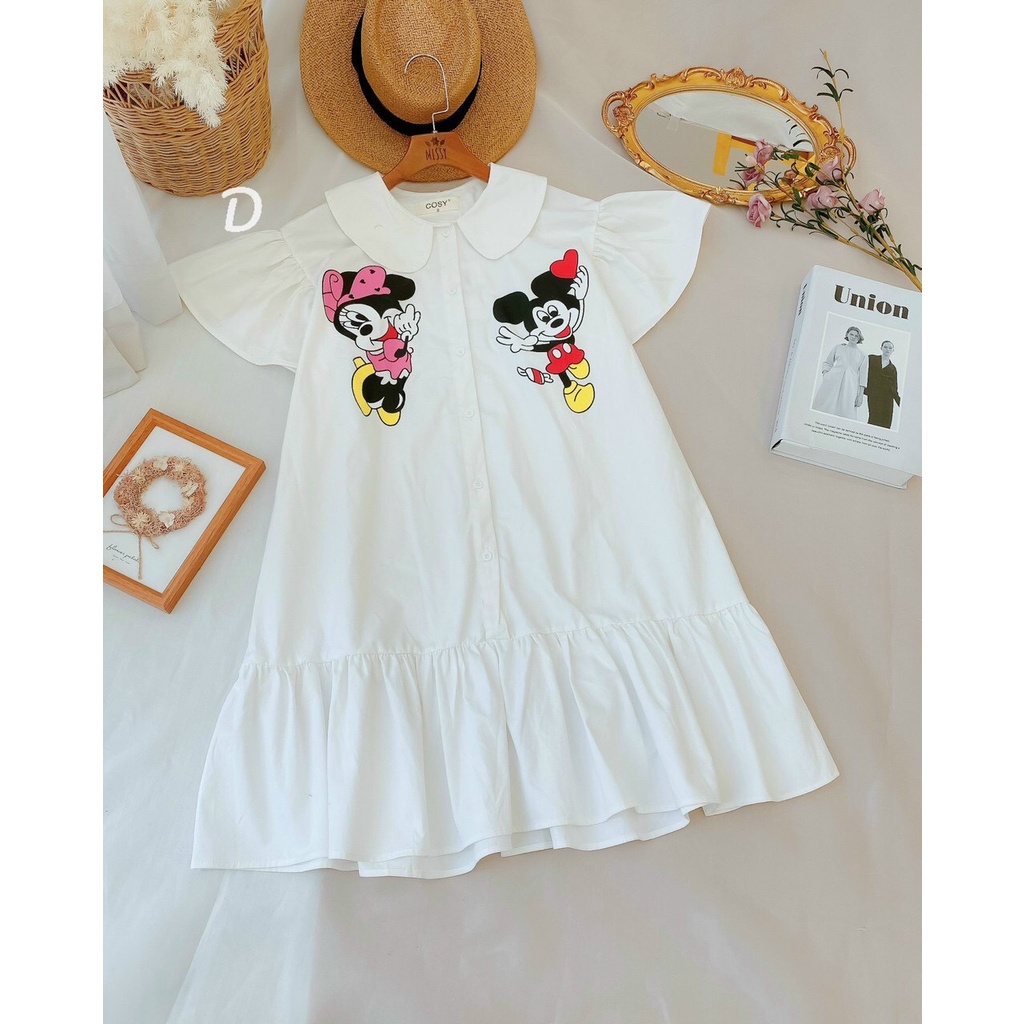 Gunkaymatter Đầm Váy Nữ Cổ Bèo Tay Phồng Trắng Tinh Khôi In Hình Mickey Mouse Phù Hợp Mọi Phong Cách