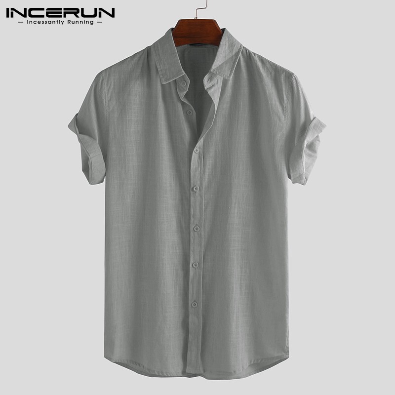 Áo sơ mi INCERUN ngắn tay màu trơn thời trang cho nam