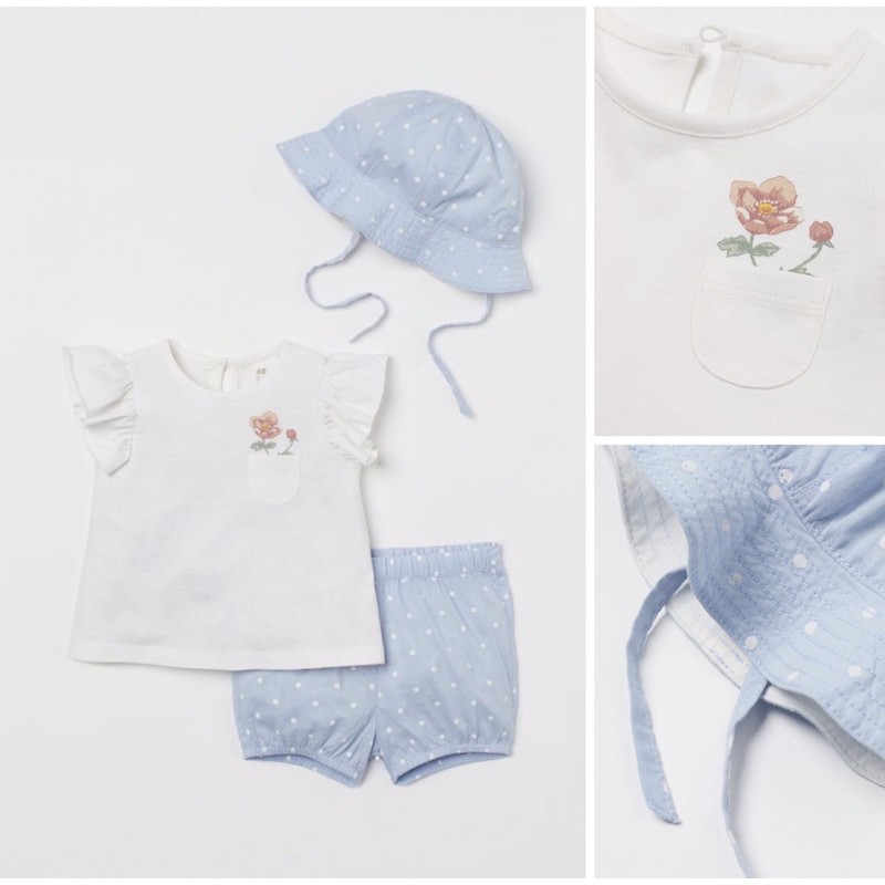Set 3ct áo quần và mũ xanh trắng mẫu mới săn sale Uk sẵn size 3-4y
