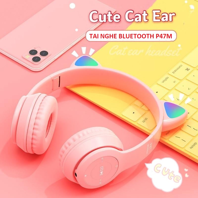 Tai Nghe Bluetooth P47m Thiết Kế Tai Mèo Dễ Thương