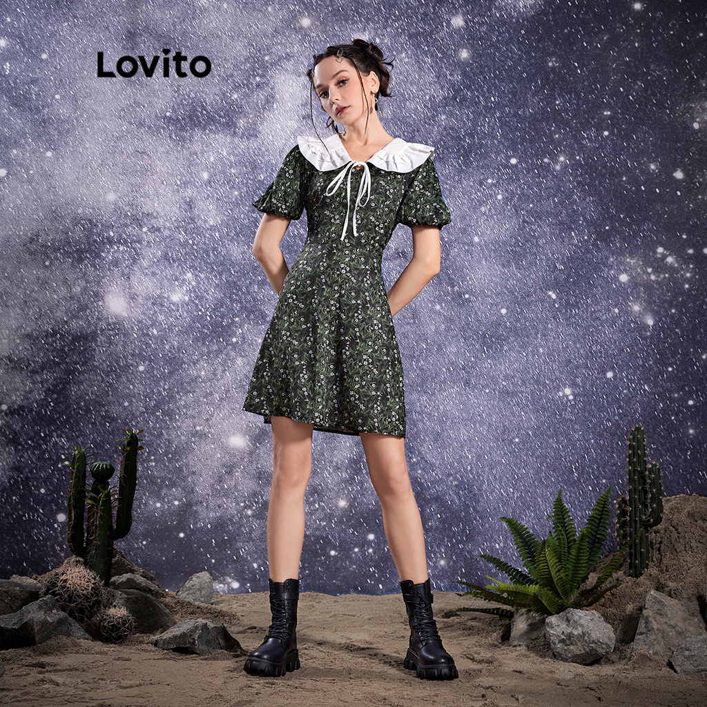 106DP-Lovito STAR GIRL Dễ thương hoa ren lên viền váy nữ L32AE028 (Đen)