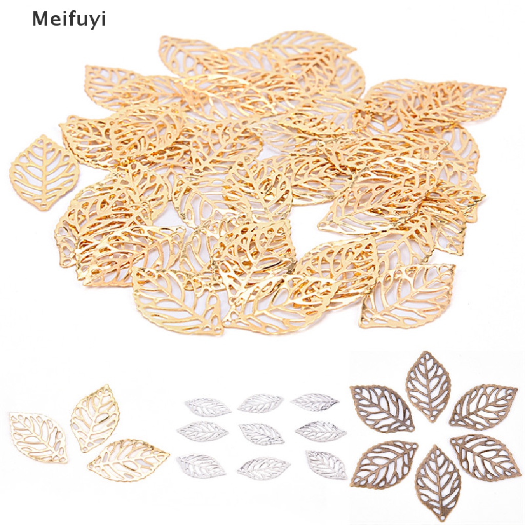 [Meifuyi] 50PCS Charm Filigree Hollow Leaves Pendant DIY Jewelry Making Leaves Metal Craft COD