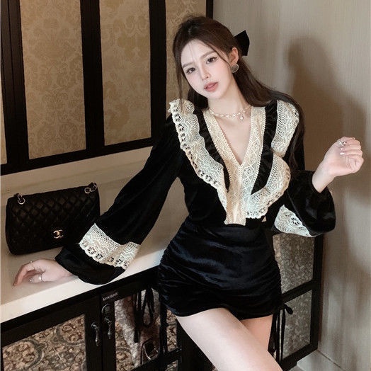 French velvet shirt female designer minority lace spliced shirt autumn and winter black chic v collar blouse