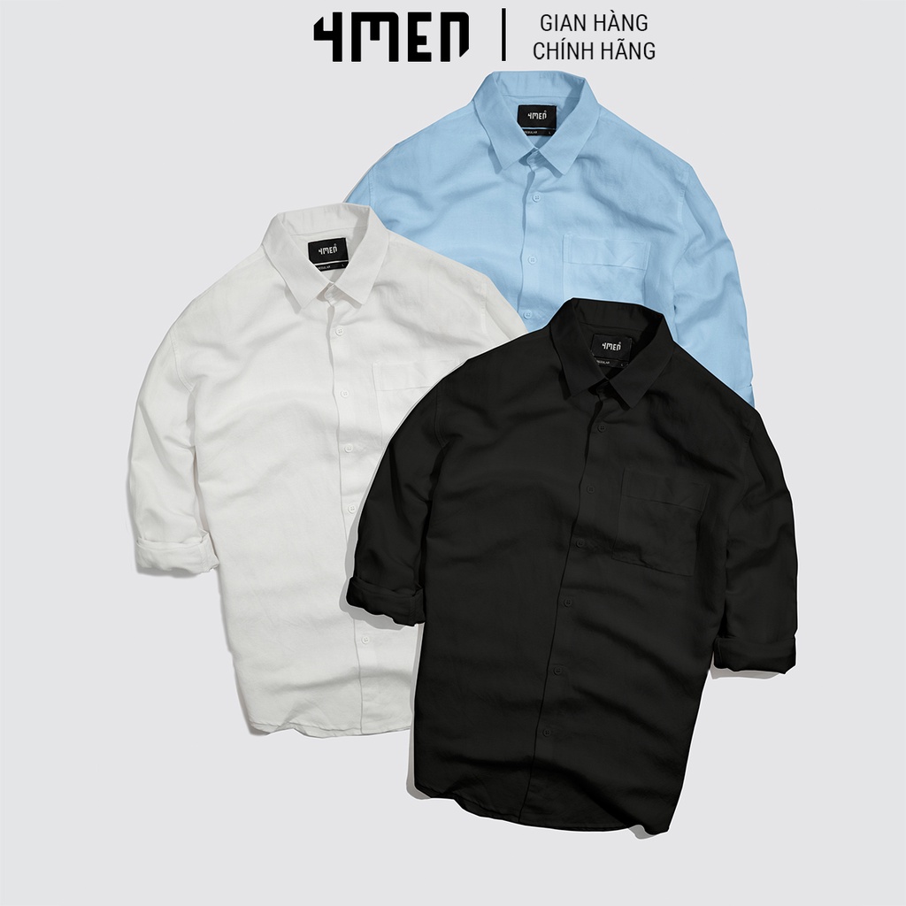 Áo sơ mi nam linen trơn đẹp 4MEN SM069 tay dài có túi form suông regular, vải linen cotton cao cấp thoáng mát | BigBuy360 - bigbuy360.vn