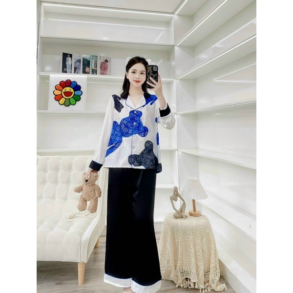 pijama lụa cao cấp Quảng Châu CLC tay dài lá đáy bình