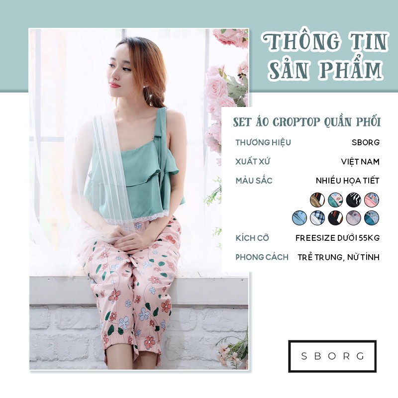 Quần áo thời trang SBORG áo nữ croptop lụa satin bèo tầng nơ vai cute quần linen có túi freesize dưới 55kg quà tặng vợ