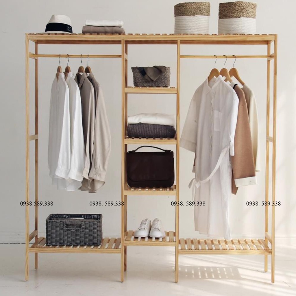 Tủ treo quần áo 3 gian / Kệ treo đồ bằng gỗ 3 ngăn - Kệ gỗ Thông - Nội thất phòng ngủ - Dễ lắp ráp - Tủ decor