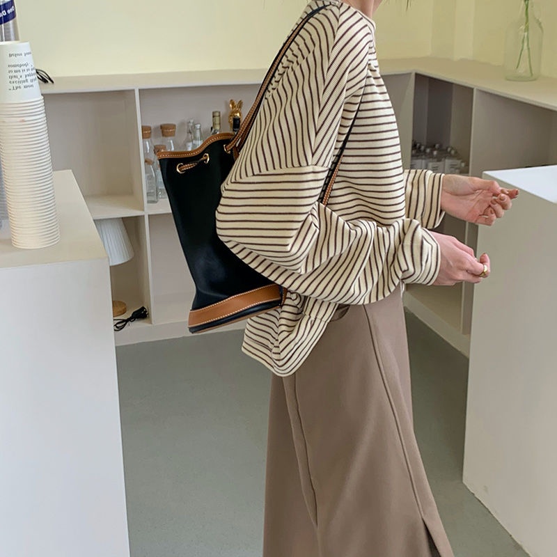 Áo thun cotton tay dài dáng rộng họa tiết kẻ sọc đơn giản phong cách Hàn Quốc thời trang