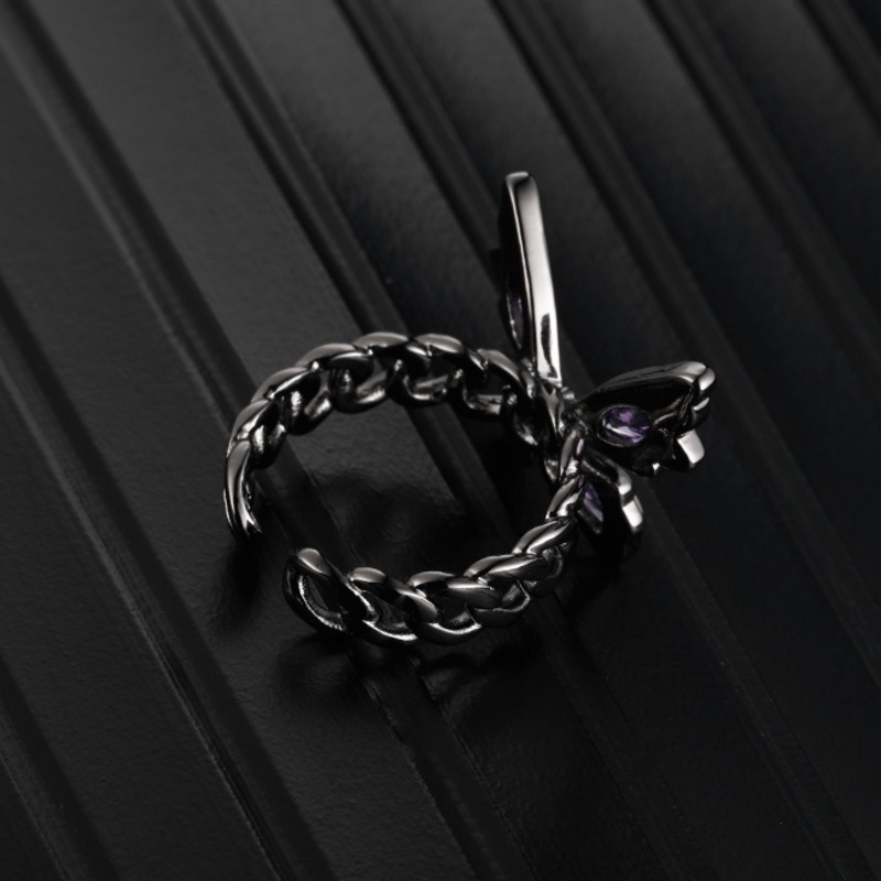 Nhẫn Hở Hình Bướm Màu Đen / Tím Đính Đá Tím Phong Cách vintage Hàn Quốc Thời Trang