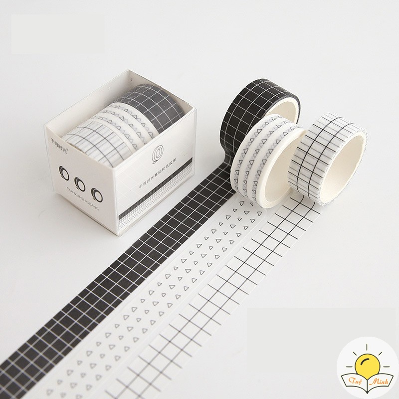 Set washi tape dài 3m họa tiết kẻ, chấm bi - bộ băng dính trang trí sổ Bullet Journal, thiệp