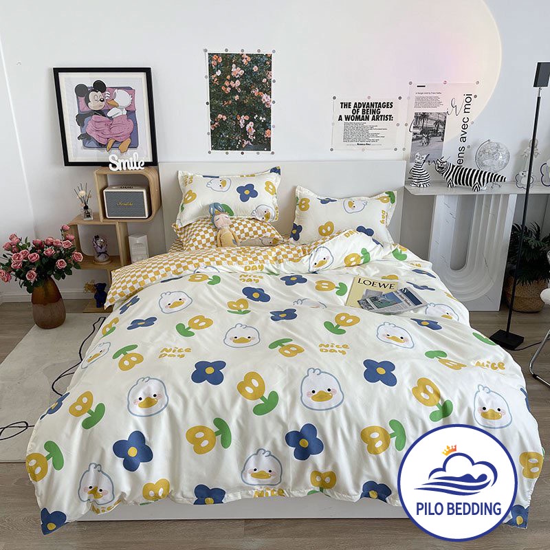 Bộ chăn ga gối Cotton Poly PILO BEDDING gồm vỏ chăn mền,drap ga giường và 2 vỏ gối nằm - PL Vịt vàng