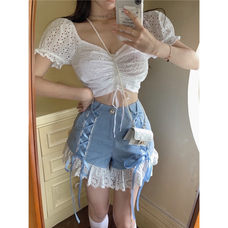 Set áo croptop trắng tay phồng ngực dún + quần short xanh thắt nơ ruy băng xinh xắn phong cách ulzzang SAM SAM BOUTIQUE