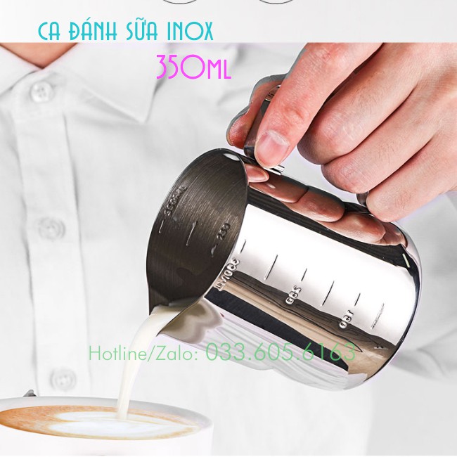 Ca đánh sữa inox có vạch chia 350ml - 550ml - 900ml Chuẩn inox - Dụng cụ pha chế TV