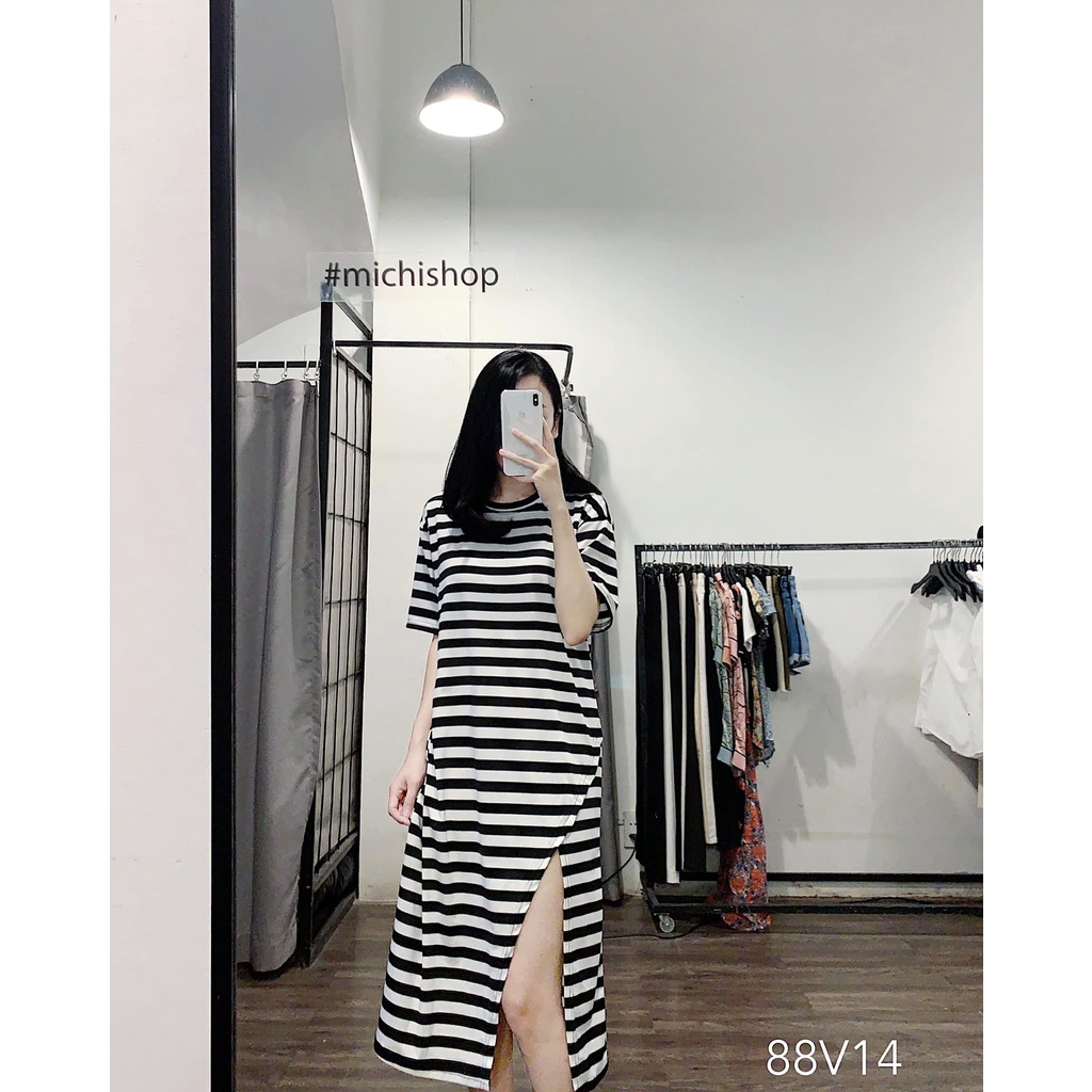 Váy thun xẻ tà kẻ ngang đen-trắng freesize - 88V14
