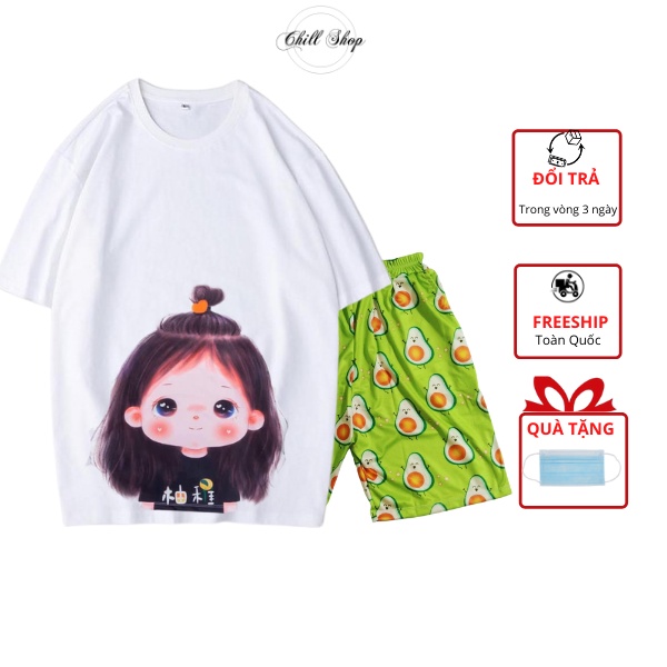 Set bộ Áo thun unisex và quần short ống rộng freesize họa tiết hoạt hình 001- Chill Shop