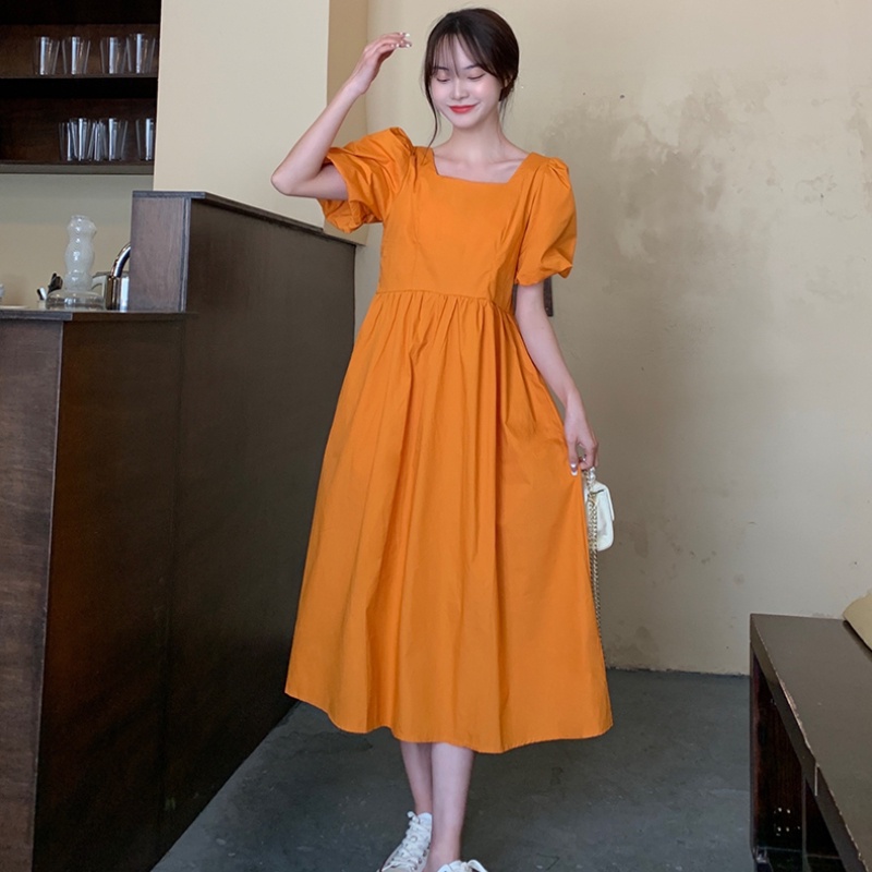 Đầm Perty tay phồng cổ vuông hở lưng phong cách Pháp thời trang cho nữ