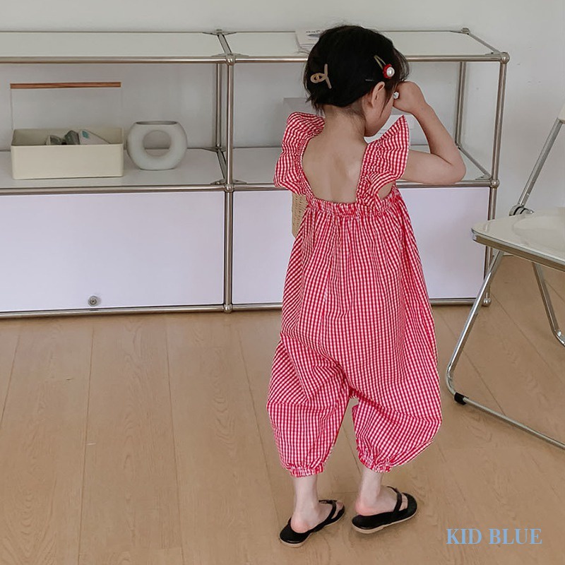 Bộ Áo Liền Quần Tay Cánh Tiên In Họa Tiết Ca Rô Phong Cách Hàn Quốc Dành Cho Bé Gái