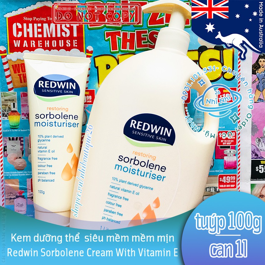❄️CÓ BILL CW❄️ Kem dưỡng thể mềm mịn Redwin Sorbolene Cream With Vitamin E ❄️ 100g và 1l ❄️ Chuẩn Chemist Warehouse ❄️ | BigBuy360 - bigbuy360.vn