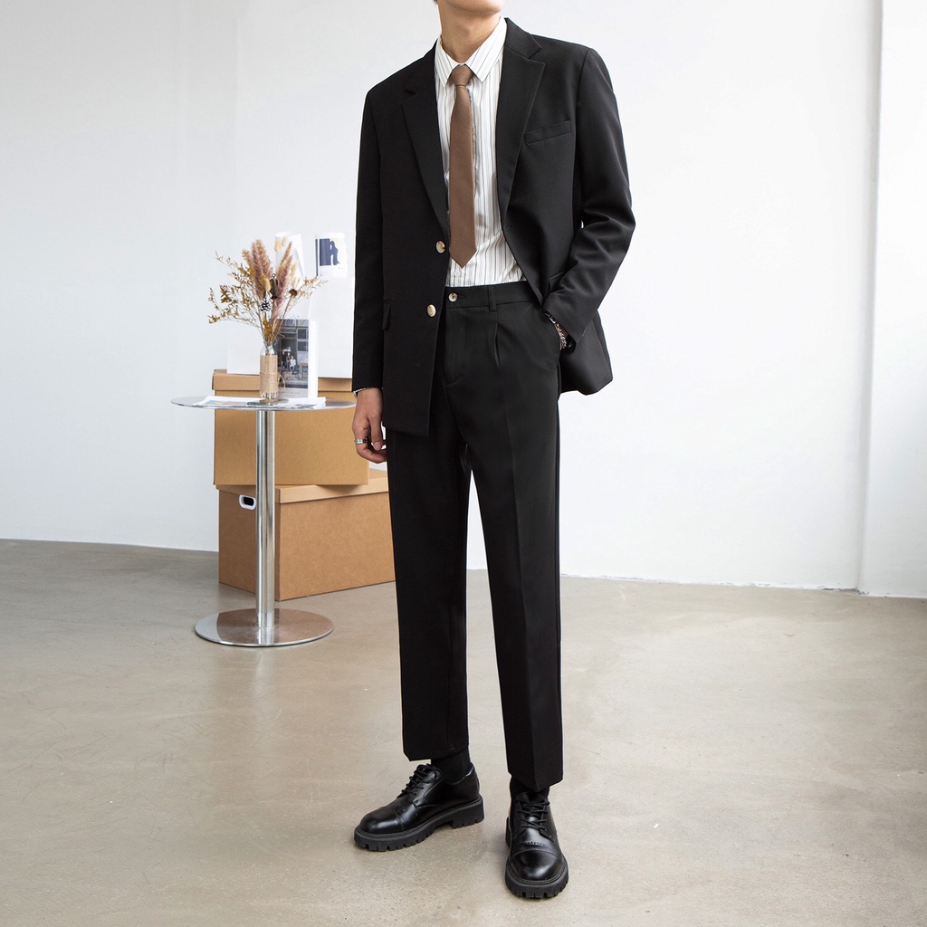 Áo khoác blazer nam form rộng hàn quốc màu đen, kem 2 khuy cài thương hiệu AZILA