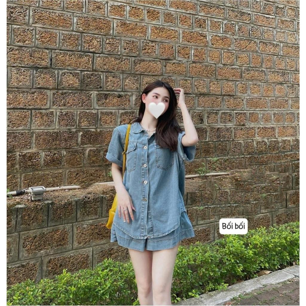 SET ÁO CROPTOP QUẦN SOOC thời trang  áo jean form rông mix quần đùi trơn xanh