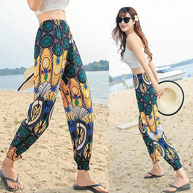Quần dài ống túm bằng cotton mỏng phong cách bohemian cho nữ