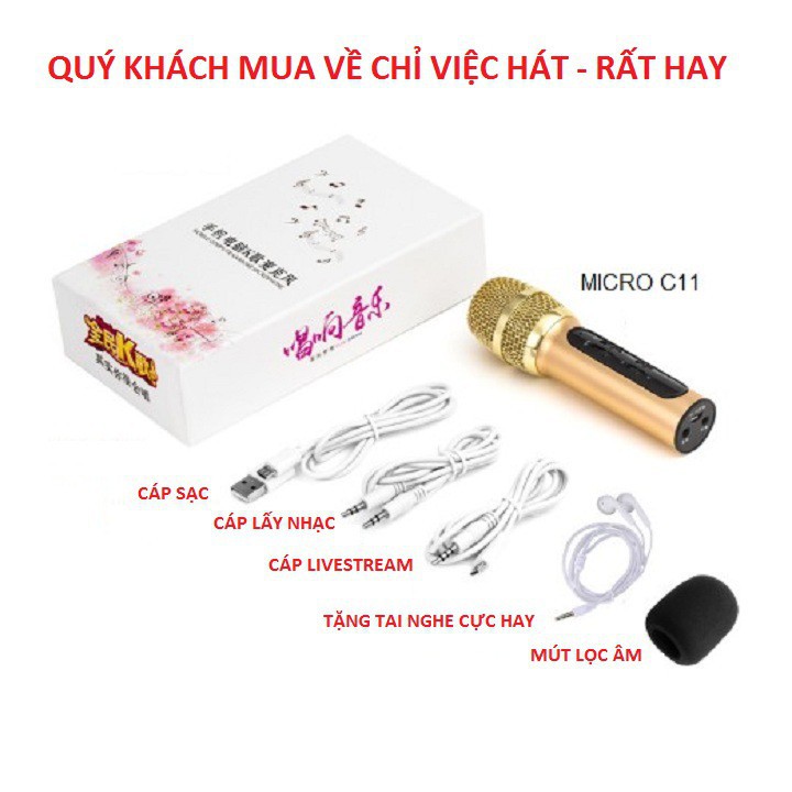 Micro Livestream, Mic Hát Karaoke Thu Âm C11 Âm Thanh Chuyên Nghiệp + Tặng Tai Nghe hàng Chính Hãng