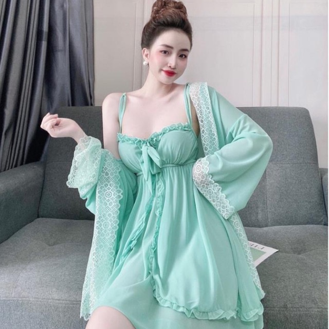 Váy Ngủ Nữ Kèm Choàng SOJUN Vải Chiffon Dưới 60Kg