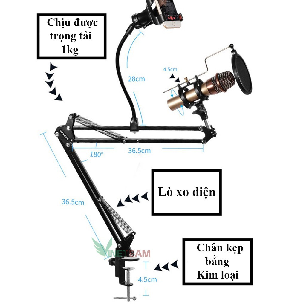 Giá micro /Chân Đế Micro Kẹp Bàn Thu Âm Livestream Kèm màng lọc ,Giá đỡ điện thoại VINETTEAM -DC4240