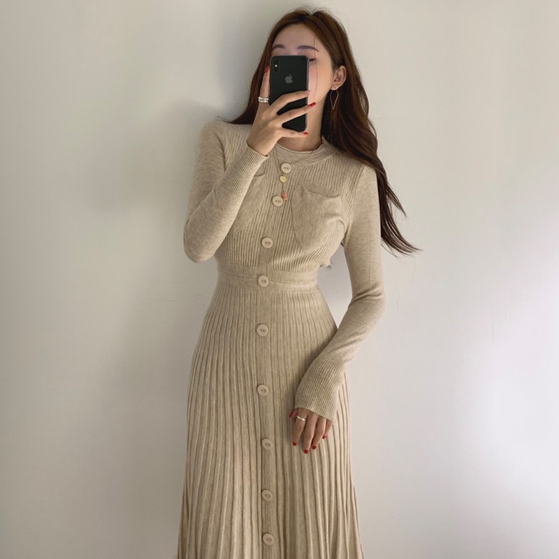 Đầm Nữ Dài Tay Cổ Tròn Xếp Ly Thời Trang Hàn