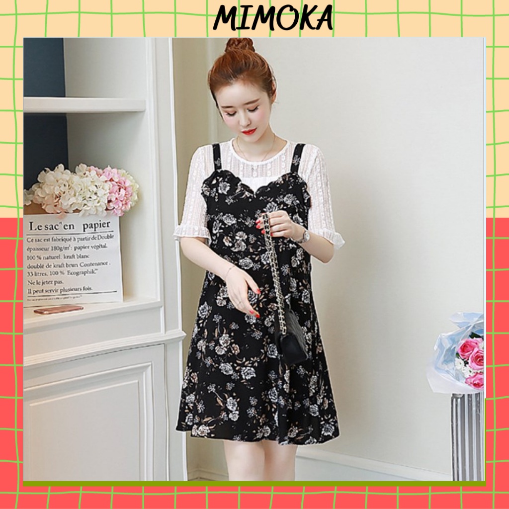 Đầm bầu thời trang Mimoka MM17 váy bầu sét rời áo ren đẹp váy hai dây trẻ đẹp dáng xuông tặng vòng dâu tằm cho bé