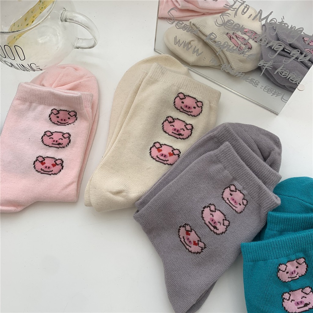 Tất nữ Cổ cao Dễ thương In hình heo Cotton Ulzzang Vớ cao cổ nữ In hình hoạt hình dễ thương