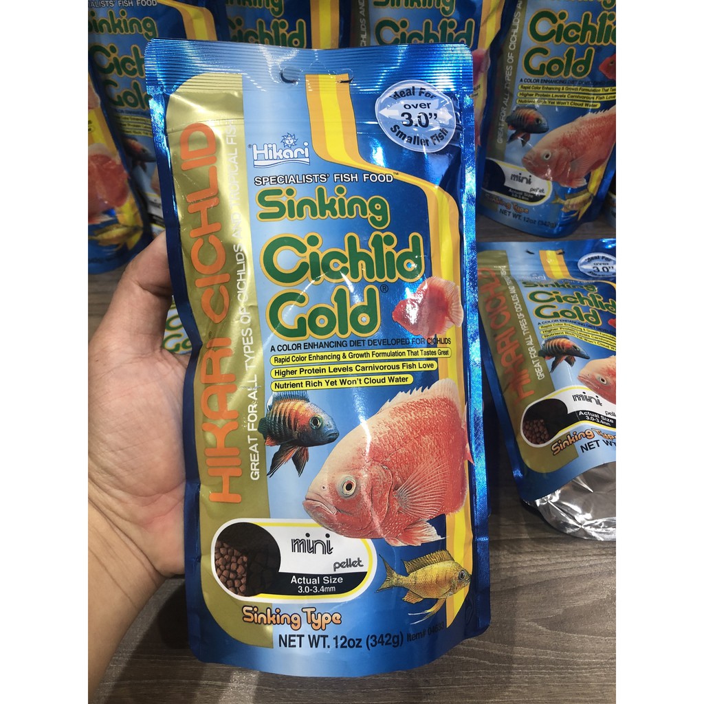 Hikari Sinking Cichlid Gold (Mini 342 gram): Thức ăn tăng màu cho cá Hồng Két, La Hán và dòng Tai Tượng, cá chuột...