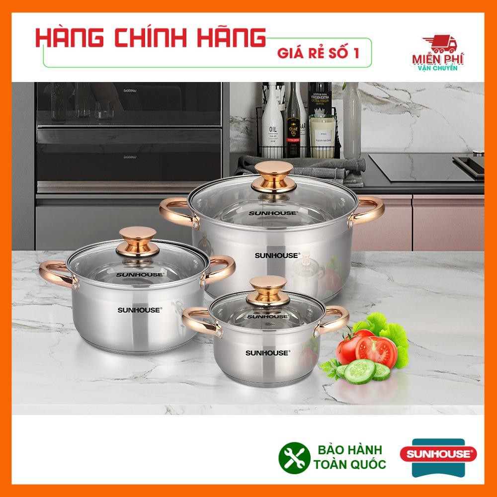 Bộ nồi Sunhouse SH781, Bộ nồi inox SH781, 5 đáy dùng cho bếp từ, 3 nồi kích thước: 16cm, 20cm, 24cm. Phù hợp với mọibeep