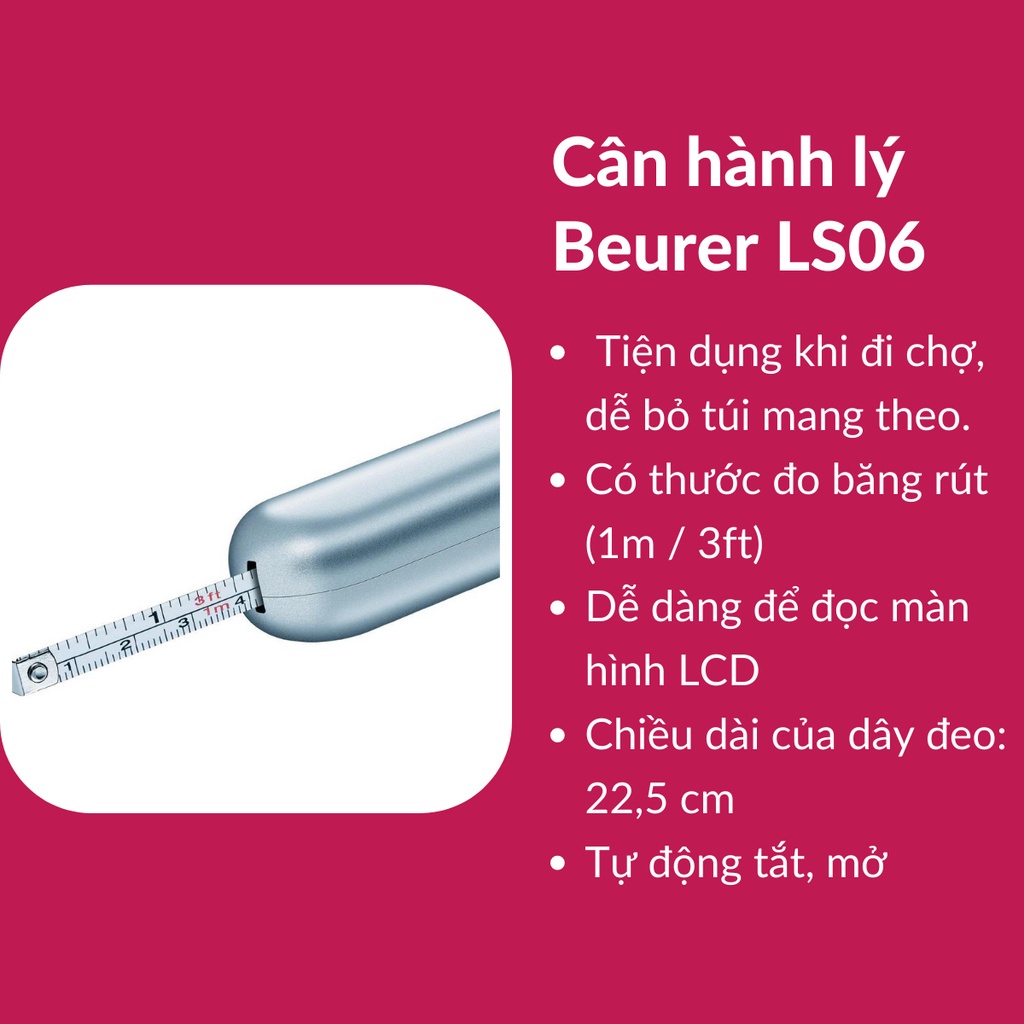 Cân hành lý điện tử cầm tay BEURER LS06 có thước đo băng rút, bảo hành 24 tháng LÂM OFFICIAL STORE