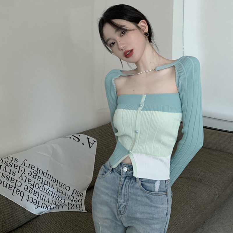 Bộ 2 Món Áo Hai Dây + Áo Choàng Dệt Kim Lụa Mát Tay Dài Chống Nắng Dáng Ôm Gợi Cảm Cho Bạn Gái