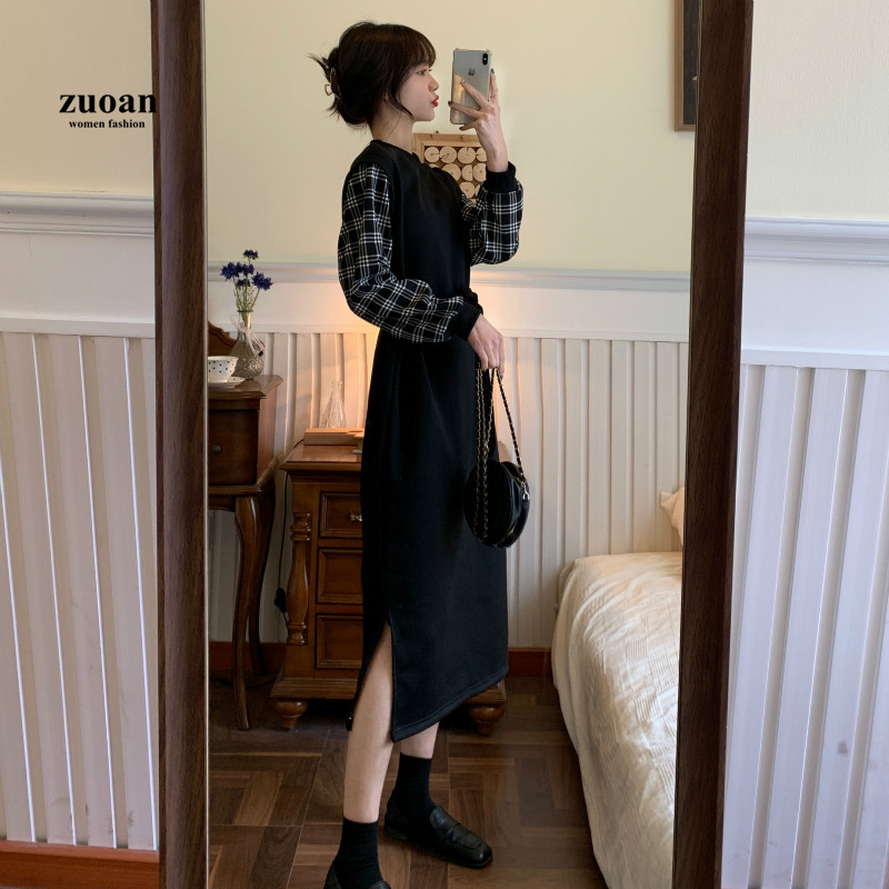 SUXI Đầm Midi Tay Dài Thiết Kế Xẻ Quyến Rũ Phối Caro