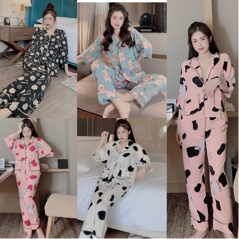 Đồ bộ pijama, bộ lụa măc nhà satin cao cấp cánh dơi hoạ tiết dễ thương